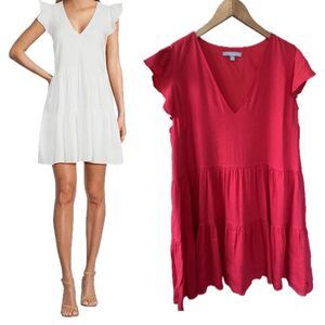 Antonio Melani Linen Blend V-Neckline Cap Flutter Sleeves Tiered A-Line Dress XL